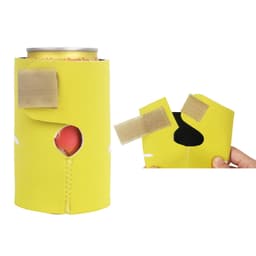 A drink bottle stubby holder in bright yellow with a hole and Velcro tabs for secure fit. Features a logo.
