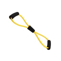 A yellow figure 8 resistance band with black foam handles, designed for exercise and fitness activities.