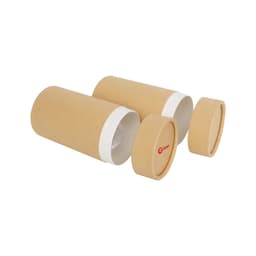 Large cylindrical paper boxes in brown with white ends, featuring a logo on one box.