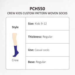 A pair of crew socks in navy blue, designed for kids aged 9-12, featuring a woven pattern.