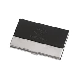A sleek black and silver PU leather business card holder featuring a logo.