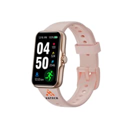 A square smart band in pink with a touchscreen display, featuring various fitness metrics. It has a logo on the strap.