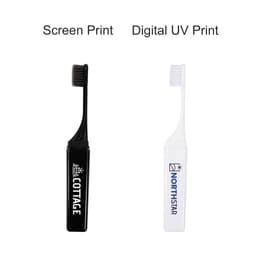 A foldable travel toothbrush in black and white, featuring different printing styles and logos.