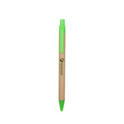 A Kraft paper pen with a green tip and clip, featuring a logo. The pen has a natural brown finish.