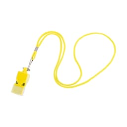 A yellow plastic whistle with a matching yellow lanyard. The whistle has a small logo on it.