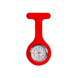 A red silicone nurse watch featuring a round clock face with numbers and a logo.