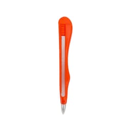 An orange knife-shaped ballpoint pen with a silver tip and a clip on the side. It features a branding logo.