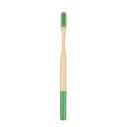 A large bamboo toothbrush with a green handle and bristles. It features a logo on the handle.