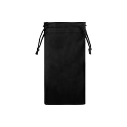 A black RPET lens pouch with a drawstring closure. It features a simple design and a logo.