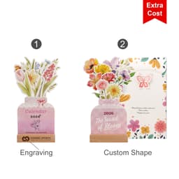 A desk calendar featuring a floral design in pastel colours, with a wooden base and options for engraving and custom shape.