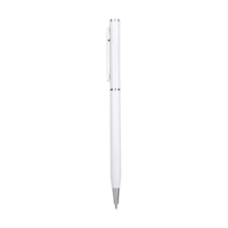 A sleek white aluminium cross pen with silver accents and a logo. Ideal for writing.