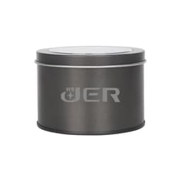 A medium silver tin can with a transparent window, featuring a logo on the surface.