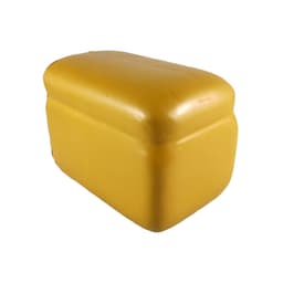 A yellow toast-shaped stress reliever with a smooth surface and a rectangular design. It has a logo on it.