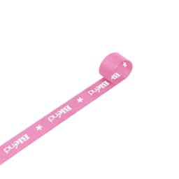 A roll of 22mm width ribbed fabric ribbon in pink with a branding logo.