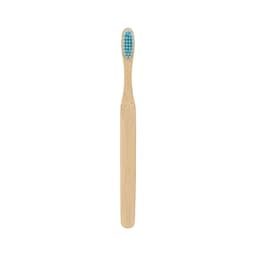 A large flat handle toothbrush with a bamboo body and blue bristles, featuring a simple design.