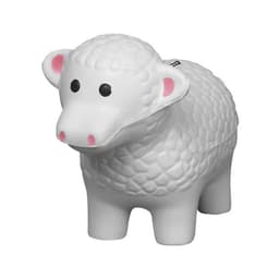 A white stress reliever shaped like a sheep with black eyes and pink nose, featuring a textured wool pattern.