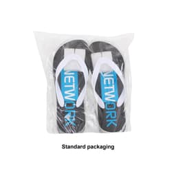 A pair of EVA Platform Classic Thongs in black and white with blue accents, packaged in a clear bag.