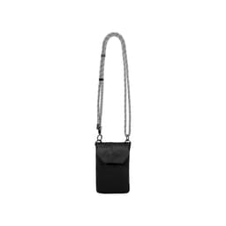A black minimalist crossbody phone bag with a patterned strap, featuring a front flap and one logo.