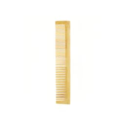 A bamboo comb hair styling tool featuring a natural wood finish and fine-toothed design. It has a simple branding logo.