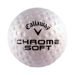 A white golf ball stress reliever with dimples and a logo, featuring the text "Chrome Soft".