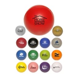 A collection of colourful 50mm ball-shaped stress relievers featuring various logos, including a red ball in the centre.