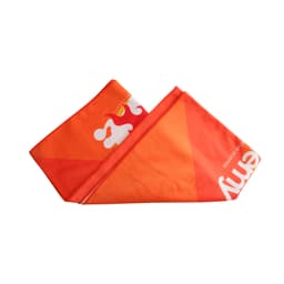 An orange sports towel folded, featuring a branded logo and geometric design. Sized 75x160cm, suitable for gym use.