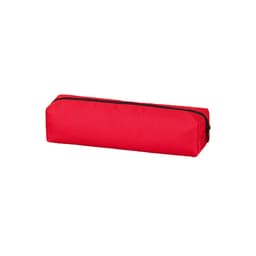 A red pencil case with a black zipper, featuring a simple design suitable for carrying stationery items.