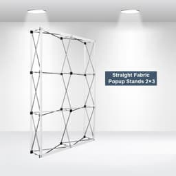 A straight fabric popup display stand in a 2x3 configuration, featuring a lightweight metallic frame.