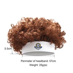 A curly brown headband wig with a white band and a logo, featuring a fluffy afro style.