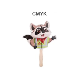 A custom-shaped paper hand fan featuring a cartoon raccoon with a cheerful expression, in vibrant colours.