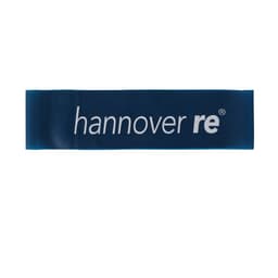 A blue latex fitness resistance band with a logo printed on it. It is flat and has a smooth texture.