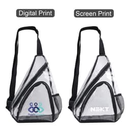 A clear PVC sling bag with black straps, featuring two distinct printing options and a mesh pocket.