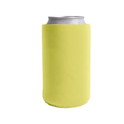 A drink bottle holder in bright green, designed to fit a standard size can, with a logo on the surface.