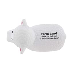 A white sheep-shaped stress reliever with a textured surface and a logo on one side.