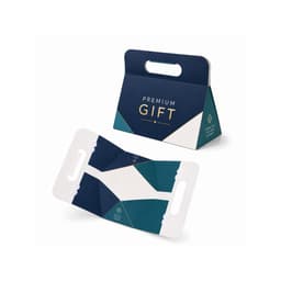 A foldable gift box in navy blue and white, featuring a handle and geometric design elements.