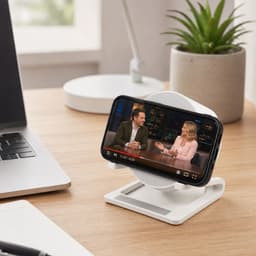 A white wireless charging speaker with a phone stand, featuring a video playback display, on a wooden desk with a plant.