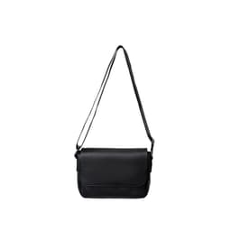 A black polyurethane shoulder bag with a long strap and a flap closure, featuring a logo on the front.