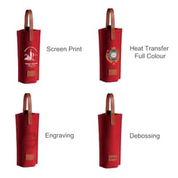 A red felt wine bag with various branding options and leather handles. It features multiple designs for decoration.
