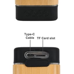 A bamboo Bluetooth wireless speaker with a black base, featuring buttons and ports for Type-C cable and TF card.