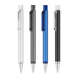 A collection of four Flat Pens in silver, grey, blue, and black, each with a clip and a clear accent.