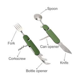 A green multi-tool featuring a fork, knife, spoon, can opener, corkscrew, and bottle opener.