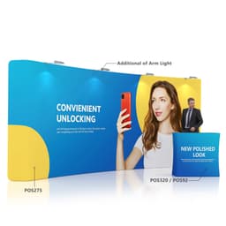 Curved tension fabric display wall with a blue and yellow design, featuring a model holding a smartphone and a promotional counter.