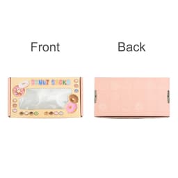 A medium custom gift box in pastel colours, featuring a rectangular window and donut graphics on the front.