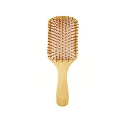 A bamboo hair comb featuring a rectangular head and a wooden handle, with evenly spaced bristles in a light brown hue.