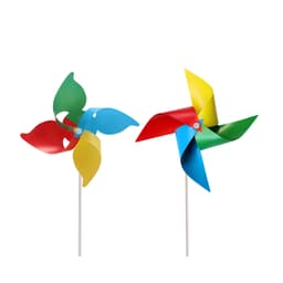 A four-leaf pinwheel featuring red, blue, green, and yellow blades on a white stick, with a small logo on one.