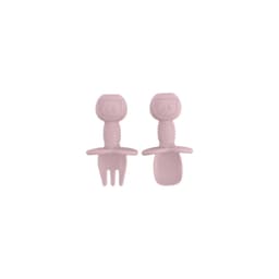 A pink silicone kids' cutlery set featuring a bear design, including a fork and a spoon. The set has a playful shape with grip handles.