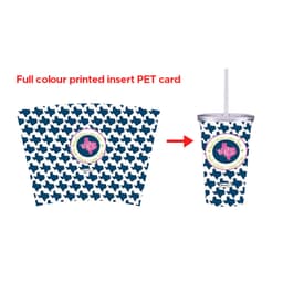 A set of plastic cups with lids and straws, featuring a navy blue patterned design and a circular logo.