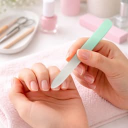 A gradient glass nail file with a mint green handle rests against a hand with neatly manicured nails on a pink towel.