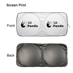 Twin circular car sun shade in white and black with a logo, featuring a light-blocking design on the reverse side.