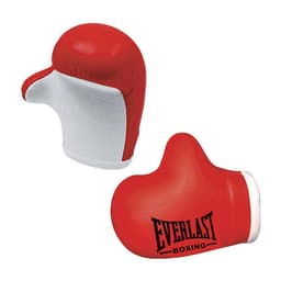 A red boxing glove-shaped stress reliever with white detailing and a logo on one side.